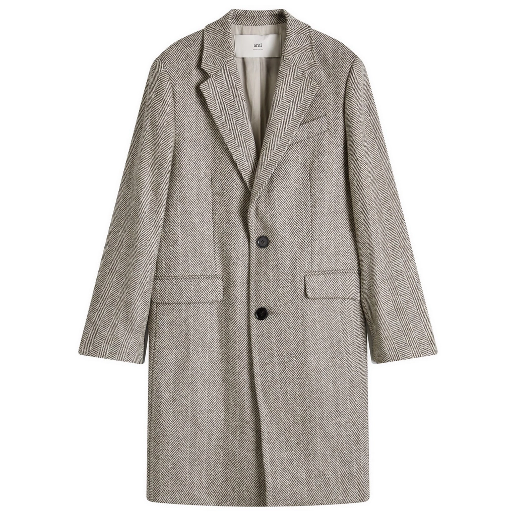AMI Paris Men's Herringbone Two Button Overcoat Dark Coffe/Off White